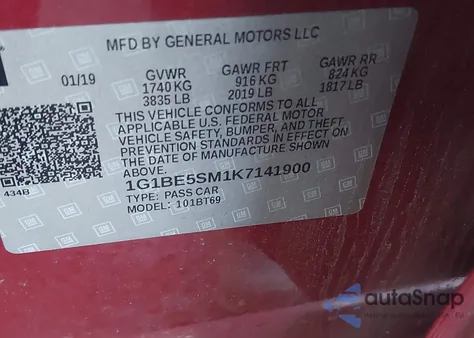 2019 Chevrolet Cruze Lt z USA, uszkodzony, nr VIN 1G1BE5SM1K7141900